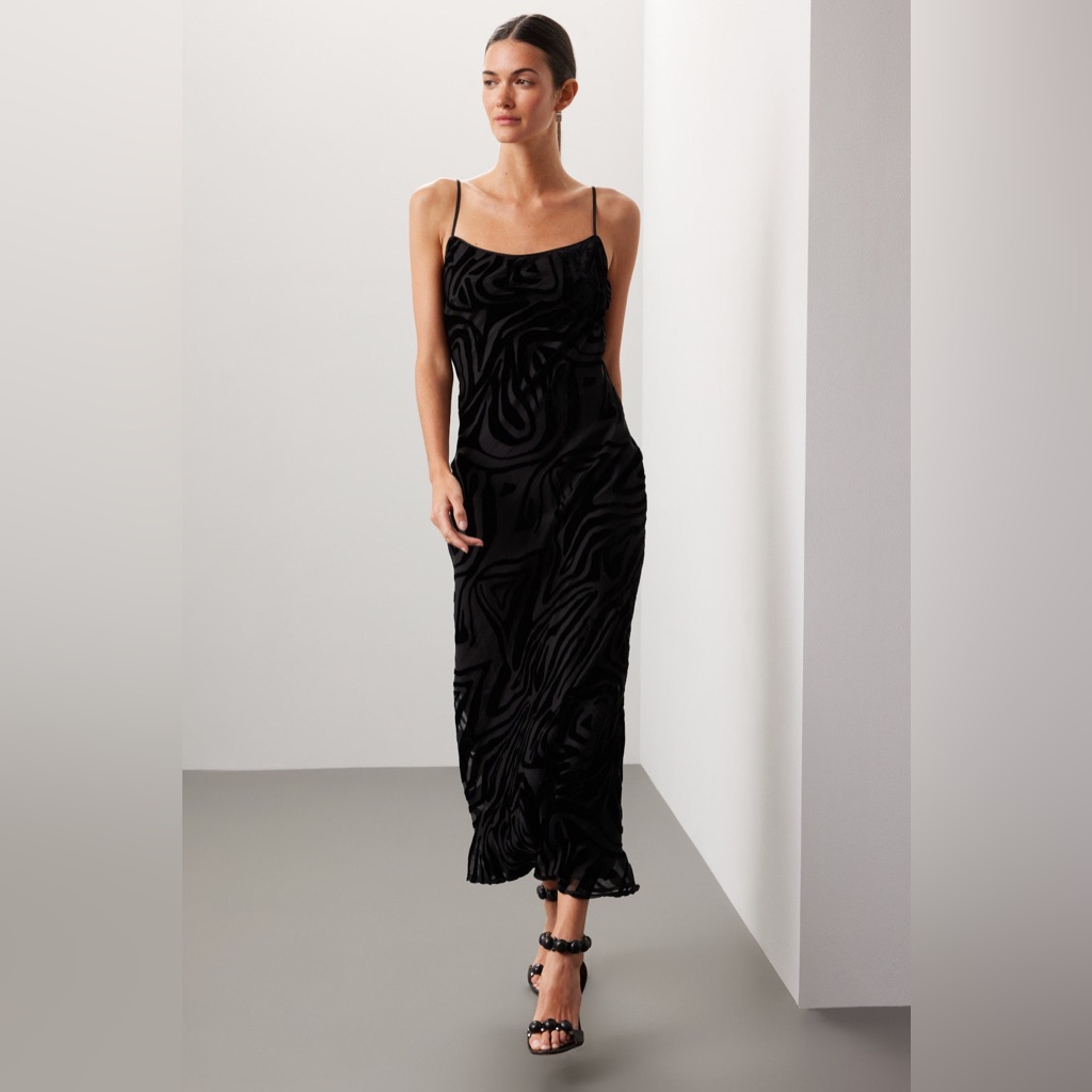 Ronny Kobo Collection Black Velvet-Textured Slip Dress